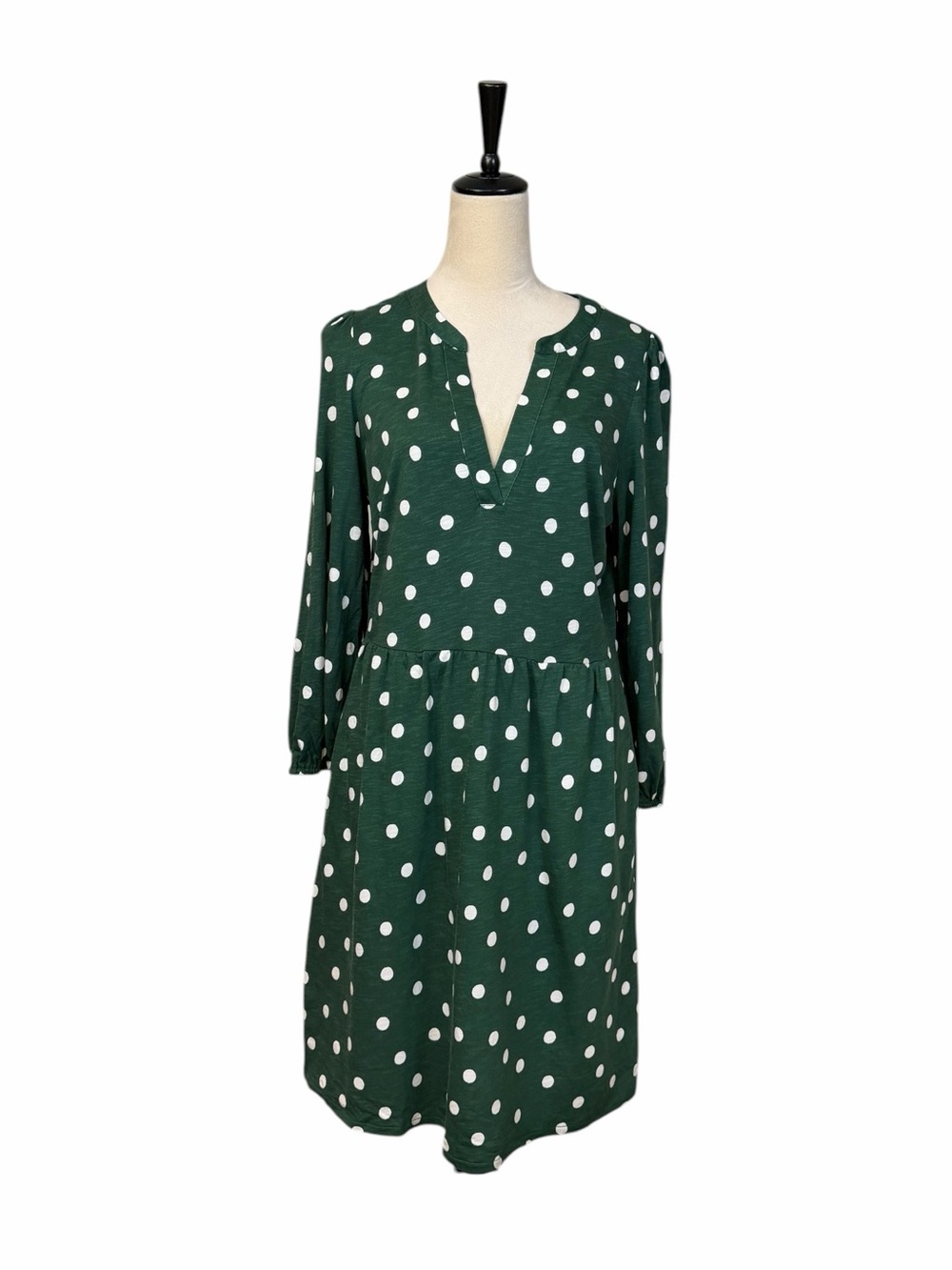 Boden Cathy Notch Dress Size 10 Polka Dot Jersey Pockets Green White Long Sleeve